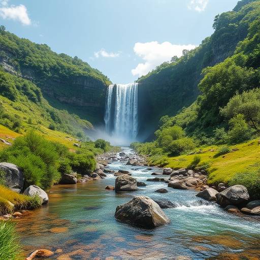 A cascading waterfall flowing into a clear stream within a lush green valley.