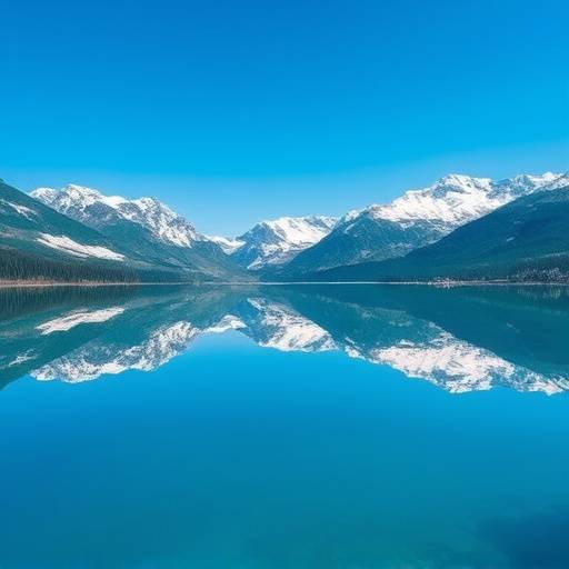 A clear blue lake reflecting snow-capped mountains.