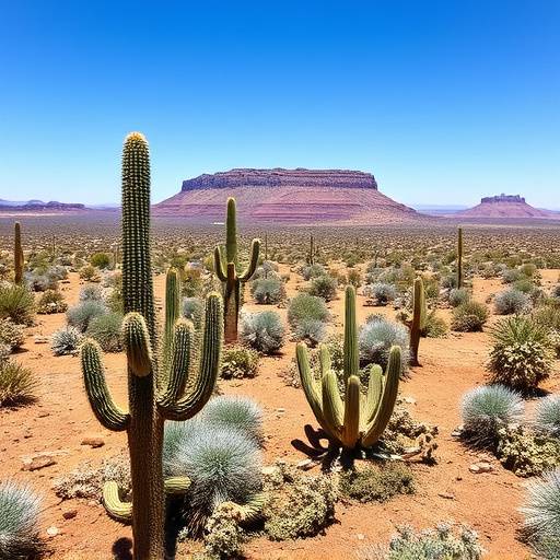 A dry, arid landscape with cacti and a distant mesa.