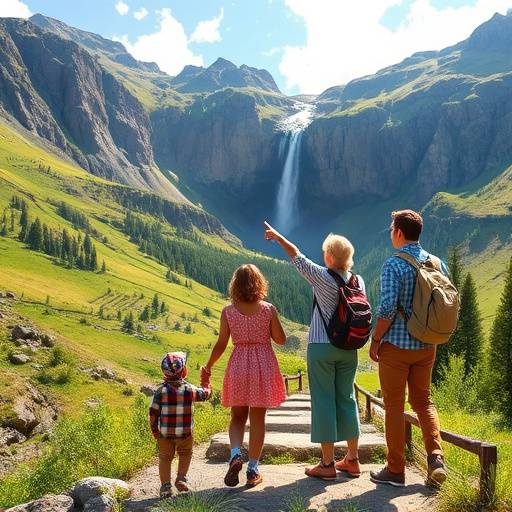 A family pointing out a distant waterfall during a hike