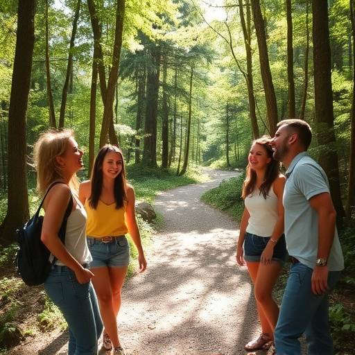 A group of friends laughing and walking up a winding forest trail