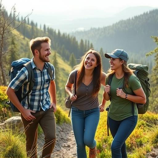 A group of friends laughing while hiking on a scenic trail.