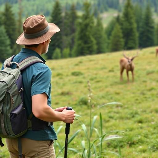 A hiker observing a deer grazing in a meadow.