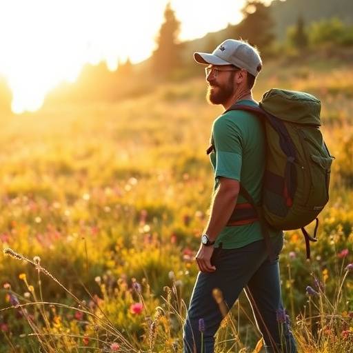 A hiker pausing to admire a vibrant wildflower meadow