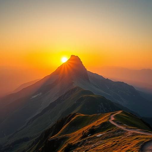 A majestic mountain peak bathed in golden sunrise light, with lush green valleys below and a winding trail leading towards the summit, symbolizing adventure and natural beauty.
