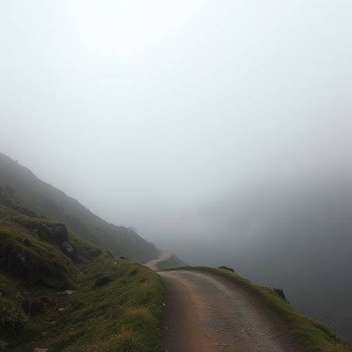 A misty mountain path disappearing into dense fog.