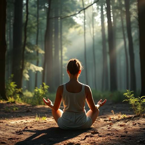 A person meditating peacefully in a forest setting.