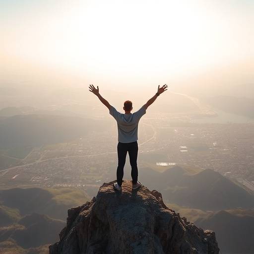 A person reaching a summit and looking out at a panoramic view