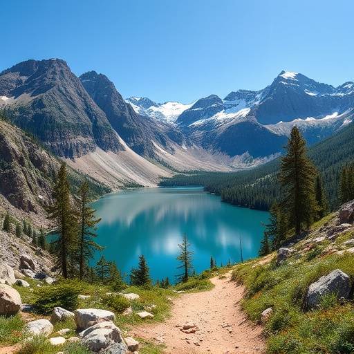 A rocky mountain trail leading towards a clear blue lake, with snow-capped peaks in the distance.