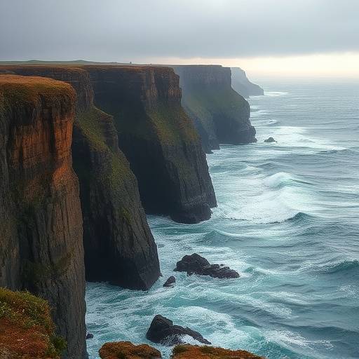 A rugged coastline with waves crashing against cliffs.