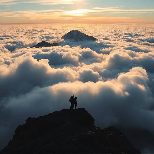 A rugged mountain peak visible through a gap in the clouds, with hikers silhouetted against the sky.
