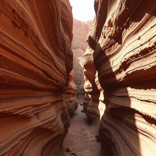 A stark desert canyon with layered rock walls.
