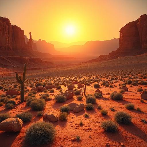 A sun-drenched desert landscape with red rock formations and sparse vegetation.