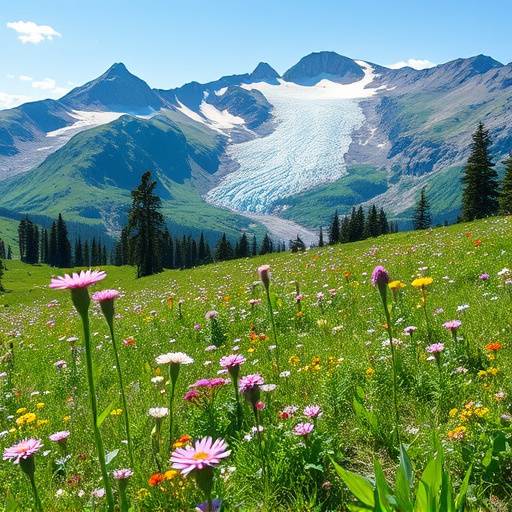 A vast alpine meadow dotted with wildflowers and a distant glacier.
