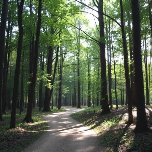 A winding forest path bathed in dappled sunlight, with tall trees on either side.