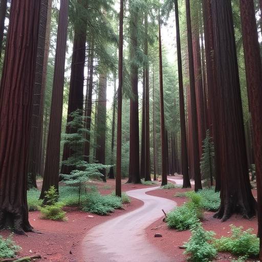 A winding path through a dense redwood forest.