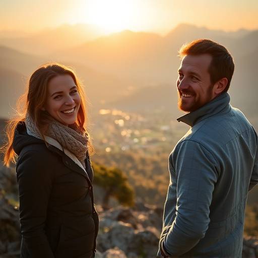 Anya Petrova and Dmitri Volkov smiling on a mountaintop, overlooking a valley at sunrise