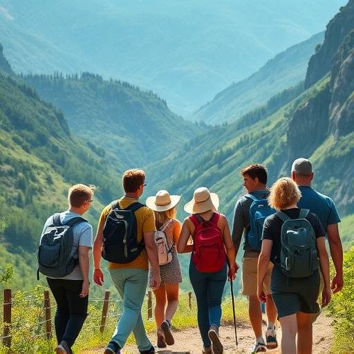 Diverse group of people enjoying a scenic hike together, representing inclusivity in outdoor activities.