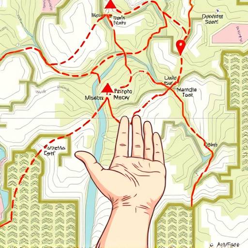Illustration of a hand reaching out to a map with hiking trails marked.