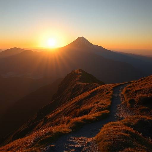 Sunrise over a mountain peak with a winding trail in the foreground.